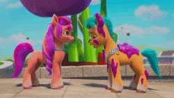 Size: 400x225 | Tagged: safe, imported from derpibooru, screencap, hitch trailblazer, sunny starscout, earth pony, pony, spoiler:my little pony: make your mark chapter 2, spoiler:myms01e02, animated, duo, female, g5, gif, growing pains, licking, male, mare, my little pony: make your mark, my little pony: make your mark chapter 2, shipping fuel, stallion, tongue out