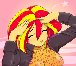 Size: 1480x1280 | Tagged: safe, artist:batipin, imported from derpibooru, sunset shimmer, human, equestria girls, :p, ah eto bleh, anime, anime reference, breasts, busty sunset shimmer, cute, eyes closed, female, music festival outfit, shimmerbetes, silly, solo, tongue out, you're under arrest