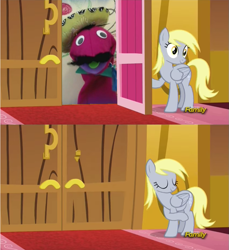 Size: 853x933 | Tagged: safe, edit, edited screencap, imported from derpibooru, screencap, derpy hooves, señor huevos, pegasus, pony, make new friends but keep discord, season 5, slice of life (episode), derpy's door, exploitable meme, female, mare, meme, sock puppet