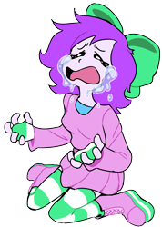 Size: 1533x2159 | Tagged: safe, artist:doodlegamertj, imported from derpibooru, oc, oc only, oc:mable syrup, human, equestria girls, boots, bow, clothes, crying, dress, hair bow, platform boots, purple hair, shoes, simple background, socks, solo, striped socks, transparent background