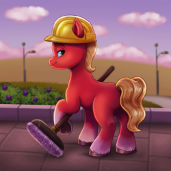 Size: 3000x3000 | Tagged: safe, artist:malarkey, imported from derpibooru, sprout cloverleaf, earth pony, pony, spoiler:my little pony: make your mark chapter 2, spoiler:myms01e02, broom, butt, clothes, coat markings, g5, growing pains, hard hat, hat, heart, hoof heart, leg hold, looking at you, looking back, looking back at you, male, my little pony: make your mark, my little pony: make your mark chapter 2, plot, sidewalk, socks (coat markings), solo, stallion, stupid sexy sprout cloverleaf, that was fast, underhoof, upside-down hoof heart