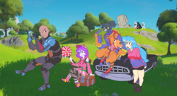 Size: 7172x3891 | Tagged: safe, artist:doodlegamertj, imported from derpibooru, oc, oc:doodlegamertj, oc:mable syrup, oc:musicallie, anthro, avian, bird, human, pigeon, equestria girls, beef boss, blue hair, brown eyes, candy, chest, clothes, costume, darth vader, deaf, durr burger, dwayne johnson, food, fortnite, grass, gray eyes, griddy, hair tie, iris, lightsaber, long hair, purple hair, raised eyebrow, sky, smug, spaceship, star wars, stormtrooper, teaching, the foundation, the rock, tree, truck, weapon, zoey