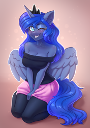 Size: 2480x3508 | Tagged: safe, artist:dandy, imported from derpibooru, princess luna, alicorn, anthro, adorasexy, arm boob squeeze, bare shoulders, big breasts, blushing, breasts, busty princess luna, cleavage, clothes, cute, ear fluff, eyelashes, eyeshadow, female, floating heart, grin, heart, heart eyes, high res, horn, kneeling, leggings, looking at you, lunabetes, makeup, off shoulder, one eye closed, redraw, sexy, skirt, smiling, smiling at you, solo, stockings, strapless, thigh highs, thighs, tube top, wingding eyes, wings, wink, winking at you