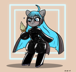 Size: 1153x1097 | Tagged: safe, artist:n-o-n, imported from derpibooru, oc, oc:tundra, oc:tundra sparkle, earth pony, bipedal, female, harness, ice cream cone, latex, latex suit, long hair, rubber, solo, tack