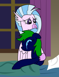 Size: 1227x1600 | Tagged: safe, artist:platinumdrop, imported from derpibooru, silverstream, oc, oc:lightning twister, hippogriff, pegasus, comforting, crying, request