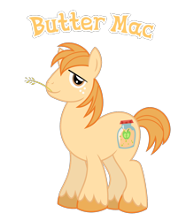 Size: 1212x1385 | Tagged: source needed, safe, anonymous artist, imported from derpibooru, oc, oc only, oc:butter mac, earth pony, pony, earth pony oc, freckles, male, name, offspring, parent:applejack, parent:big macintosh, parents:applemac, product of incest, simple background, solo, stallion, straw in mouth, text, transparent background