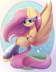 Size: 1950x2500 | Tagged: safe, artist:miryelis, imported from derpibooru, fluttershy, pegasus, pony, hurricane fluttershy, cute, female, flying, full body, long hair, looking at you, simple background, smiling, smiling at you, solo, sparkles, sporty style, wings