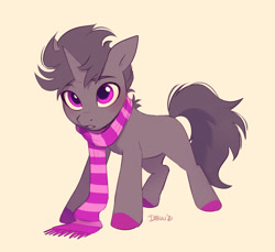 Size: 2454x2250 | Tagged: safe, artist:imalou, imported from derpibooru, oc, oc only, oc:2tense, pony, unicorn, beige background, blank flank, clothes, hoof polish, horn, looking at you, looking up, looking up at you, scarf, signature, simple background, solo, striped scarf, unicorn oc