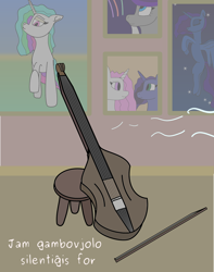 Size: 1572x2000 | Tagged: safe, artist:timcryt, imported from derpibooru, princess celestia, princess luna, star swirl the bearded, pony, butt, esperanto, musical instrument, painting, plot, violin, young celestia