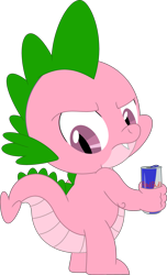 Size: 2169x3566 | Tagged: safe, artist:ponygamer2020, artist:porygon2z, edit, editor:ponygamer2020, imported from derpibooru, spike, spike (g1), dragon, angry, anniversary, butt, energy drink, g1, g1 to g4, g4, generation leap, happy birthday mlp:fim, male, mlp fim's twelfth anniversary, recolor, red bull, red bull gives you wings, simple background, solo, spike is not amused, transparent background, unamused, vector, wingless