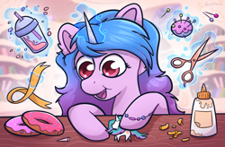 Size: 2307x1514 | Tagged: artist needed, source needed, safe, imported from derpibooru, izzy moonbow, princess celestia, pony, unicorn, bracelet, craft, cute, donut, female, food, friendship bracelet, g5, glue, jewelry, looking down, magic, mare, my little pony: a new generation, open mouth, scissors, smiling, solo, table