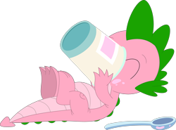 Size: 3574x2648 | Tagged: safe, artist:ponygamer2020, artist:porygon2z, edit, editor:ponygamer2020, imported from derpibooru, spike, spike (g1), dragon, anniversary, eating, eyes closed, food, g1, g1 to g4, g4, generation leap, happy birthday mlp:fim, ice cream, male, mlp fim's twelfth anniversary, recolor, simple background, solo, spoon, transparent background, underfoot, vector
