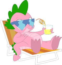 Size: 3387x3562 | Tagged: safe, artist:ponygamer2020, artist:porygon2z, edit, editor:ponygamer2020, imported from derpibooru, spike, spike (g1), dragon, anniversary, beach chair, chair, chillaxing, drink, feet, g1, g1 to g4, g4, generation leap, glass, glasses, happy birthday mlp:fim, lounging, male, mlp fim's twelfth anniversary, recolor, simple background, solo, sunglasses, transparent background, underfoot, vector