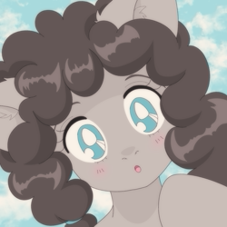 Size: 2000x2000 | Tagged: safe, artist:etoz, imported from derpibooru, oc, oc only, oc:cloudy, earth pony, '90s, 90s anime, :o, blushing, bust, cloud, commission, cute, ear fluff, earth pony oc, eyebrows, female, looking at you, mare, open mouth, pigtails, portrait, raised eyebrow, retro, sky, style emulation, surprised, white pupils