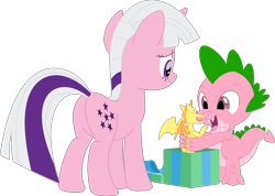 Size: 3563x2538 | Tagged: safe, artist:ponygamer2020, artist:porygon2z, edit, editor:ponygamer2020, imported from derpibooru, spike, spike (g1), twilight, twilight sparkle, dragon, pony, unicorn, anniversary, butt, duo, female, g1, g1 to g4, g4, generation leap, happy, happy birthday mlp:fim, high res, male, mlp fim's twelfth anniversary, open mouth, plot, present, recolor, simple background, smiling, spikelove, toy, transparent background, twibutt, unicorn twilight, vector