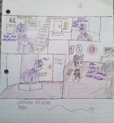 Size: 1109x1200 | Tagged: safe, artist:theinvertedshadow, imported from derpibooru, alicorn, pony, unicorn, elements of insanity, series:brutalight gets intimate (remade), brutalight sparcake, comic, couch, darts, dialogue, door, drawing, female, gun, male, mare, nostalgia critic, pen drawing, ponified, sketch, stallion, television, traditional art, weapon