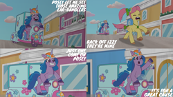 Size: 4401x2476 | Tagged: safe, edit, edited screencap, editor:quoterific, imported from derpibooru, screencap, izzy moonbow, earth pony, pony, unicorn, spoiler:g5, spoiler:my little pony: tell your tale, spoiler:tyts01e13, dumpster diving, g5, my little pony: tell your tale, posey bloom