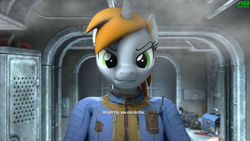 Size: 3840x2160 | Tagged: safe, artist:nologo, imported from derpibooru, part of a set, oc, oc only, oc:littlepip, anthro, art pack:fun n games 2022, fallout equestria, series:modded character creation, 3d, anthro oc, clothes, dialogue, doorway, fallout, high res, jumpsuit, lockers, looking at you, source filmmaker, stable-tec, steam, subtitles, toolbox, vault suit, video game