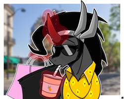 Size: 2826x2248 | Tagged: safe, artist:sefastpone, imported from derpibooru, king sombra, pony, unicorn, bag, clothes, digital art, drinking, drinking straw, guardians of pondonia, hawaiian shirt, magic, male, real life background, shirt, shopping bag, smoothie, stallion, straw in mouth, sunglasses, telekinesis