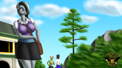 Size: 7680x4320 | Tagged: safe, artist:tsaritsaluna, imported from derpibooru, marble pie, abyssinian, anthro, earth pony, bag, breasts, busty marble pie, clothes, college, female, mountain, shoulder bag, skirt, tree, university, vest