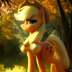 Size: 1024x1024 | Tagged: safe, imported from derpibooru, applejack, earth pony, pony, ai content, ai generated, applejack's hat, autumn, cowboy hat, crepuscular rays, female, forest, forest background, generator:purplesmart.ai, generator:stable diffusion, grass, hat, leaves, looking at you, mare, nature, smiling, smiling at you, solo, the quality of ai art is frightening, tree