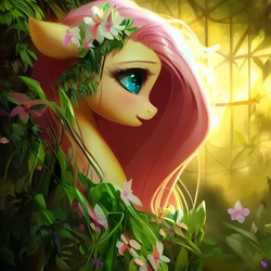 Size: 1024x1024 | Tagged: safe, imported from derpibooru, fluttershy, pegasus, pony, ai content, ai generated, backlighting, female, floral head wreath, flower, flower in hair, generator:purplesmart.ai, generator:stable diffusion, mare, nature, open mouth, profile, side view, solo, the quality of ai art is frightening