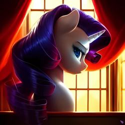 Size: 1024x1024 | Tagged: safe, imported from derpibooru, rarity, pony, unicorn, ai content, ai generated, backlighting, bust, curtains, female, generator:purplesmart.ai, generator:stable diffusion, looking at you, looking back, looking back at you, mare, solo, the quality of ai art is frightening, window