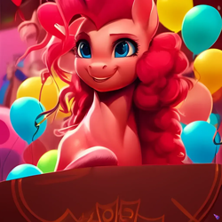 Size: 1024x1024 | Tagged: safe, imported from derpibooru, pinkie pie, earth pony, pony, ai content, ai generated, balloon, female, generator:purplesmart.ai, generator:stable diffusion, mare, party, smiling, solo, table, the quality of ai art is frightening