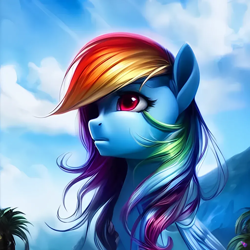 Size: 1024x1024 | Tagged: safe, imported from derpibooru, rainbow dash, pegasus, pony, ai content, ai generated, female, generator:purplesmart.ai, generator:stable diffusion, looking up, mare, mountain, palm tree, solo, tree, windswept mane