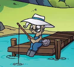 Size: 390x355 | Tagged: safe, idw, imported from derpibooru, mayor mare, earth pony, pony, spoiler:comic, spoiler:comic47, cute, female, fishing, fishing rod, glasses, hat, mare, pier