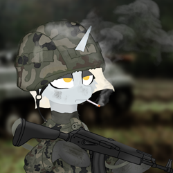 Size: 3500x3500 | Tagged: safe, alternate version, artist:kotwitz, derpibooru exclusive, imported from derpibooru, oc, oc only, oc:aria taitava, pony, unicorn, assault rifle, blurry background, bored, camouflage, cigarette, close-up, clothes, dirty, frown, gloves, gun, helmet, holding, lidded eyes, military, military uniform, polish, rifle, smoke, solo, tired, uniform, weapon