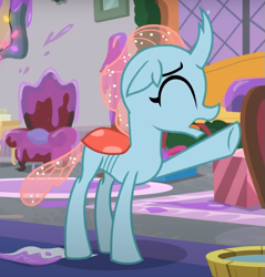 Size: 665x697 | Tagged: safe, imported from derpibooru, screencap, ocellus, changedling, changeling, the hearth's warming club, cropped, eyes closed, female, open mouth, raised hoof, solo