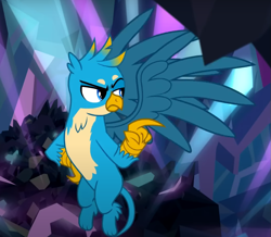 Size: 873x760 | Tagged: safe, imported from derpibooru, screencap, gallus, griffon, what lies beneath, cropped, gallus is not amused, hand on hip, male, pointing, solo, spread wings, unamused, wings