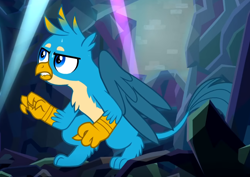 Size: 1088x769 | Tagged: safe, imported from derpibooru, screencap, gallus, griffon, what lies beneath, cropped, lip bite, male, partially open wings, solo, sweat, sweatdrop, wings