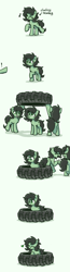 Size: 514x1973 | Tagged: safe, artist:plunger, imported from derpibooru, oc, oc only, oc:filly anon, earth pony, pony, /mlp/, 4chan, context in comments, earth pony oc, exclamation point, eyes closed, female, filly, foal, heart, hoofbump, music notes, pointing, ponybooru import, self paradox, self ponidox, simple background, smiling, teeth, tire, vulgar, white background