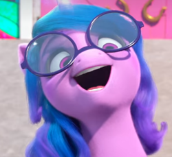 Size: 762x699 | Tagged: safe, imported from derpibooru, screencap, izzy moonbow, pony, unicorn, spoiler:my little pony: make your mark chapter 2, spoiler:myms01e01, bust, crazy eyes, female, g5, glasses, izzy does it, laughing, mare, my little pony: make your mark, my little pony: make your mark chapter 2, open mouth, reaction image, solo