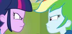 Size: 1152x550 | Tagged: safe, edit, imported from derpibooru, rainbow dash, twilight sparkle, alicorn, human, a queen of clubs, equestria girls, equestria girls (movie), equestria girls series, angry, duel, narrowed eyes, twilight sparkle (alicorn), twilight sparkle is not amused, unamused