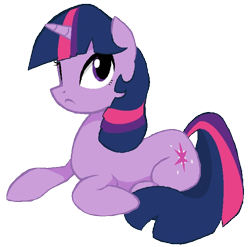 Size: 692x685 | Tagged: safe, alternate version, artist:boggle, imported from derpibooru, twilight sparkle, pony, unicorn, female, frown, lying down, mare, prone, simple background, solo, transparent background, unicorn twilight