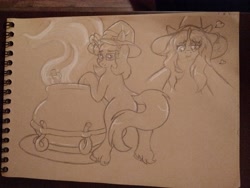 Size: 4160x3120 | Tagged: safe, artist:tai kai, imported from derpibooru, oc, oc only, oc:whimsical brazy, pony, unicorn, cauldron, female, glowing, glowing horn, hat, high res, horn, love potion, magic, magic aura, pencil drawing, rear view, solo, traditional art, unicorn oc, witch hat