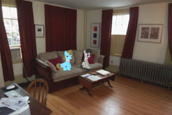 Size: 1382x922 | Tagged: safe, artist:the smiling pony, artist:theevilflashanimator, imported from derpibooru, beauty brass, octavia melody, earth pony, pony, bowtie, couch, female, irl, lidded eyes, maine, mare, photo, pillow, ponies in real life, portland, sitting, smiling