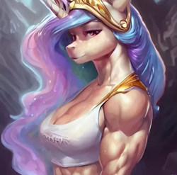 Size: 677x670 | Tagged: safe, edit, editor:zebra, princess celestia, alicorn, anthro, breasts, clothes, crown, furry, jewelry, machine learning generated, muscles, regalia, tanktop