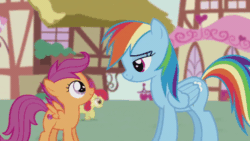 Size: 520x293 | Tagged: safe, imported from derpibooru, screencap, apple bloom, applejack, rainbow dash, scootaloo, earth pony, pegasus, pony, crusaders of the lost mark, animated, cute, cutealoo, female, filly, foal, gif, hoofbump, like sisters, mare, scootalove