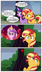 Size: 1680x2860 | Tagged: safe, artist:roseluck, imported from derpibooru, princess cadance, queen chrysalis, sunset shimmer, twilight sparkle, alicorn, pony, unicorn, a canterlot wedding, equestria girls, simple ways, 3 panel comic, blushing, bush, comic, dialogue, evil cadance, evil grin, faint, fake cadance, female, fire, floppy ears, folded wings, grin, heart, high res, hooves to the chest, horn, imagine spot, inkscape, jewelry, lesbian, lip bite, looking at each other, looking at someone, looking at you, mare, open mouth, open smile, outdoors, shipping, show accurate, smiling, smiling at each other, smiling at you, speech bubble, sunsetdance, tail, thought bubble, tiara, tree, trio, trio female, twilight sparkle (alicorn), vector, walking, wall of tags, wings