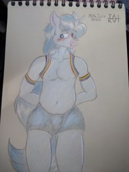 Size: 3120x4160 | Tagged: safe, artist:tai kai, imported from derpibooru, oc, oc only, anthro, unicorn, anthro oc, arm behind back, belly button, blushing, clothes, crotch bulge, gay pride flag, high res, horn, male, partial nudity, pride, pride flag, shorts, simple background, solo, straps, topless, traditional art, unicorn oc, white background