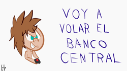 Size: 1600x900 | Tagged: safe, artist:jojodidu, imported from derpibooru, oc, oc:javier milei, earth pony, pony, argentina, blue eyes, button, earth pony oc, javier milei, male, politics, ponified, purple text, simple background, smiling, spanish, spanish text, text, white background