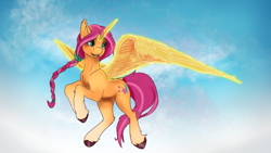 Size: 3840x2160 | Tagged: safe, artist:tenebrisnoctus, imported from derpibooru, sunny starscout, alicorn, pony, 4k, artificial horn, artificial wings, augmented, female, flying, g5, high res, horn, magic, magic horn, magic wings, mare, my little pony: a new generation, race swap, solo, sunnycorn, wings