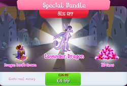 Size: 1264x861 | Tagged: safe, imported from derpibooru, prominence, dragon, background dragon, chest, claws, costs real money, crown, crystal empire, dragon lord's crown, dragoness, english, female, gameloft, gem, horns, jewelry, my little pony: magic princess, numbers, official, partially open wings, regalia, sale, solo, solo focus, tail, teenaged dragon, text, wings