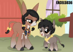 Size: 935x661 | Tagged: safe, artist:excelso36, imported from derpibooru, oc, oc only, oc:ines, oc:panchito, donkey, braid, donkey oc, female, foal, handkerchief, lidded eyes, male, mother and child, mother and son, open mouth, open smile, smiling