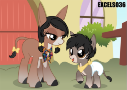 Size: 935x661 | Tagged: safe, alternate version, artist:excelso36, imported from derpibooru, oc, oc only, oc:ines, oc:panchito, donkey, braid, colt, diaper, diaper fetish, donkey oc, female, fetish, foal, handkerchief, lidded eyes, male, mother and child, mother and son