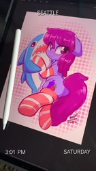 Size: 960x1706 | Tagged: safe, artist:moozua, imported from derpibooru, berry punch, berryshine, pony, shark, blåhaj, clothes, shark plushie, socks, solo, striped socks